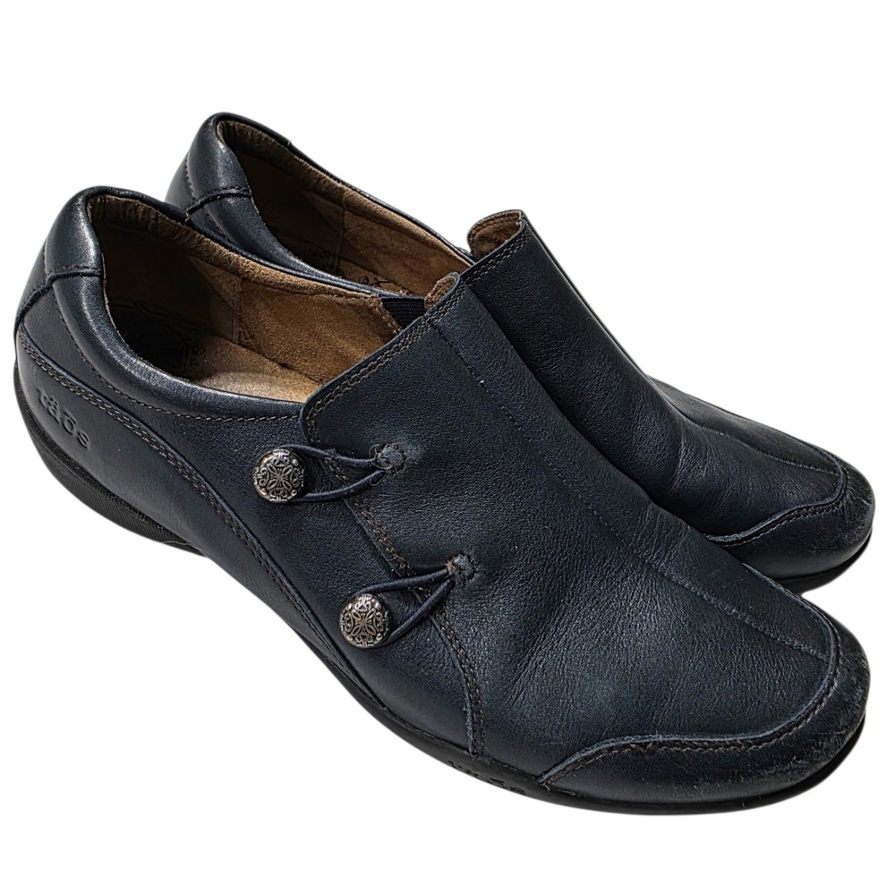 Taos Encore Loafers Women 12 Blue Leather Comfort Slip On Shoes Button Detail